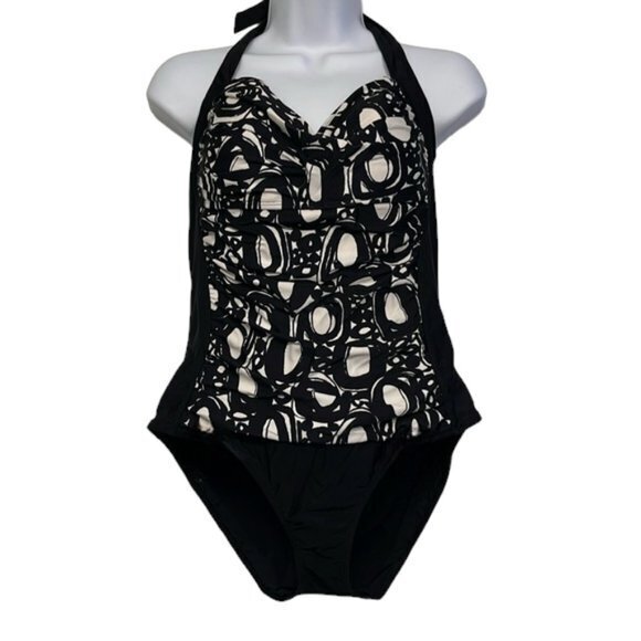 La Blanca Other - La Blanca Black/White Floral Halter Ruched Shirred Swimwear Size 12 EUC #7558